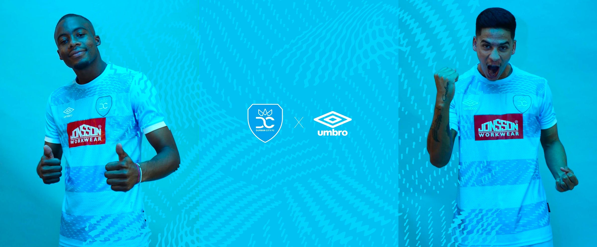 Durban City FC kit against the Durban skyline