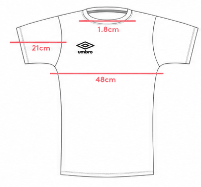 Soccer top laid flat, showing where the half chest, collar width and sleeve length are measured